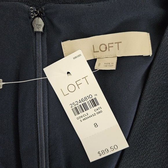 Ann Taylor LOFT Fit Flare Dress Navy Blue Fringe Short Sleeve V Neck 8 - Picture 7 of 9